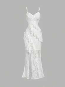 Vestido largo con abertura alta, cuello en V y volantes, con estampado de teñido anudado, vestidos de verano para mujer, vestidos en tonos pastel, vestido de fiesta, atuendo de fiesta, vestido de playa, atuendos de playa para mujer, vestidos ele - Blanco - Ver 6