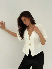 Camisa blanca sólida con mangas de murciélago, doble botonadura y frente abierto elegante - Blanco 2 - Ver 5