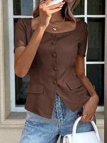 Camisa de unicolor sin mangas con cuello, top de estilo vintage retro para oficina - Café integral - Ver 8