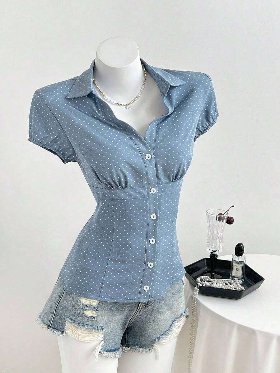 Camisa de mujer con cuello en V, cintura fruncida y manga corta, color blanco, para primavera/verano - Niebla azul - Ver 1