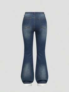 Explorewe Jeans de mezclilla estilo Y2K versátiles lavados y desgastados con pierna acampanada y elásticos para niñas adolescentes - Azul lavado medio - Ver 2