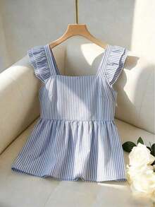 Blusa de mujer de cuello cuadrado a rayas azul y blanca con mangas acampanadas con volantes y dobladillo con doble volante de longitud corta, estilo minimalista de oficina y vacaciones - Azul y blanco - Ver 5