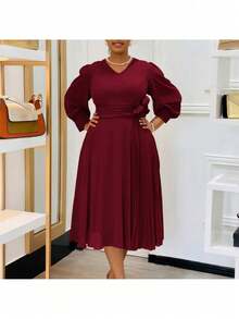 Vestido en corte A de color liso, elegante y con estilo, nueva llegada de primavera para tallas grandes - Burdeos - Ver 2