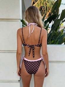 Conjunto de traje de baño para mujer 2026, parte superior de bikini con estampado de lunares y contraste de color tipo halter sexy con espalda descubierta, y Bottom tipo tanga, adecuado para el Día de San Valentín, la playa, resort, vacaciones al aire libre en verano - Rosa - Ver 2
