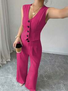Conjunto de top tipo camisola y pantalones plisados de color liso, estilo francés para primavera/verano, para uso casual, streetwear u oficina - Rosa Fucsia - Ver 5