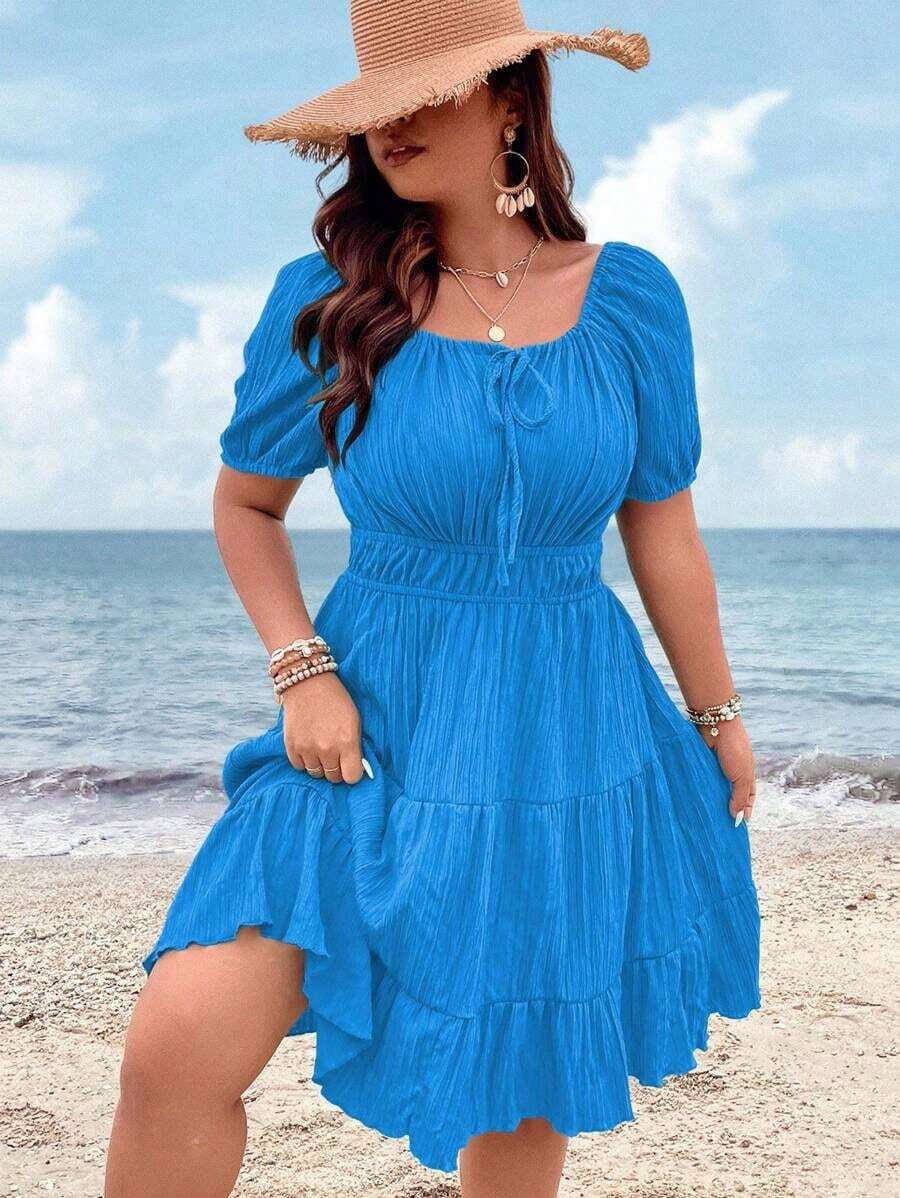 Clasi Vestido corto de manga corta en color burdeos de uso diario, sencillo y liso para mujeres de talla grande - Azul - Ver 1