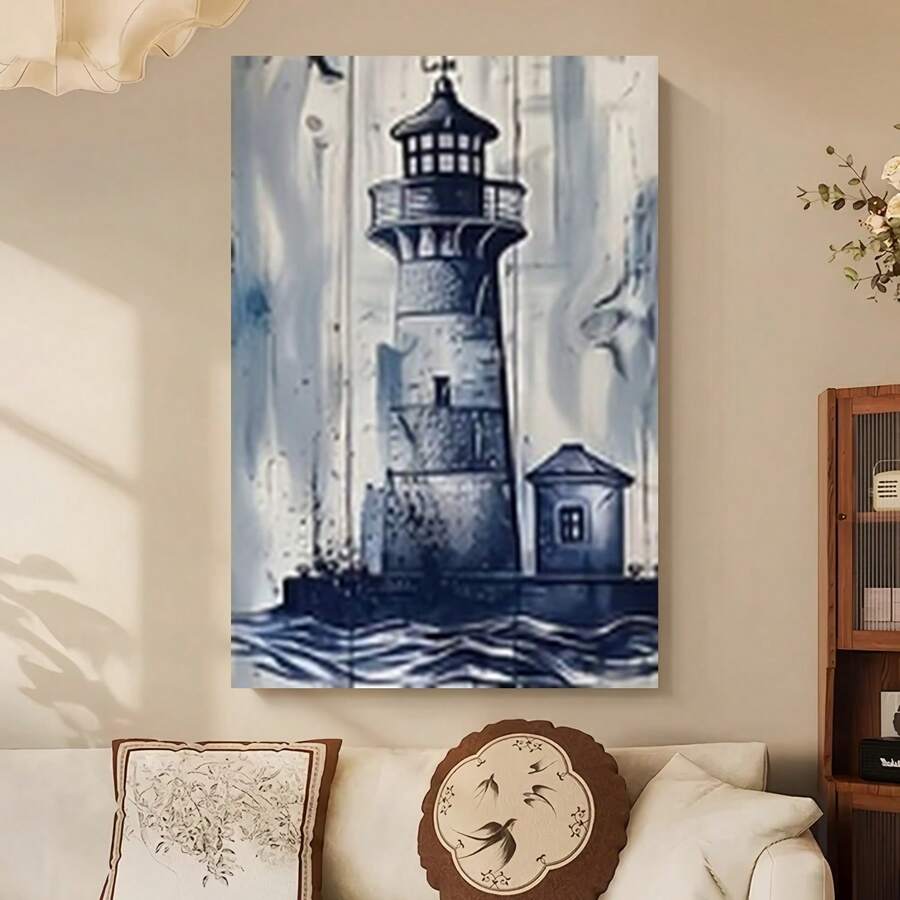 Enmarcado Póster de lienzo 2D plano, 1 Piezas /estilo nórdico retro con ancla, faro y brújula, decoración retro, mural, regalo, dormitorio, oficina, cafetería, sala de estar, hogar y dormitorio universitario, regalo ideal, , 2D plano - Enmarcado - Ver 1