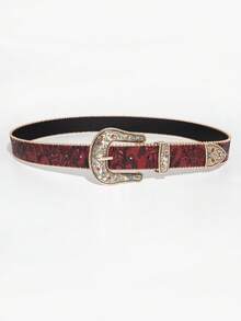 1pc Multicolor Bohemian Patterned Floral Element Metal Buckle Colorful Flower Print Women's Decorative Belt, Suitable For Commuting And Daily Wear - Red - Red Diamond - View 4