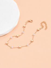 2pcs Gold Star & Faux Pearl Multi-Layer Anklet, Boho Beach Jewelry, Adjustable Anklet Accessory (Chain Length Customized, Random Placement Of Faux Pearl & Star Charms) - Gold - View 4
