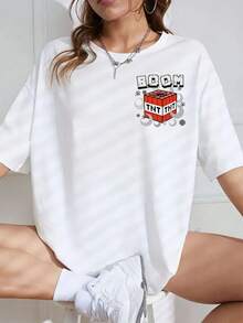 Camiseta de manga corta para mujer con estampado de bomba TNT - Top casual de cuello redondo con gráfico de TNT en la parte delantera y trasera, ajuste para todas las estaciones, diseño icónico de bomba para atuendos casuales y eventos temáticos (lavable a máquina) Y2k Camiseta Camisa De - Blanco - Ver 3
