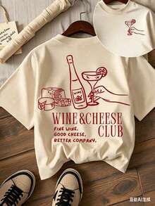 Mujer Camiseta de manga corta con estampado térmico de vino y queso en líneas rojas, diseño de botella, copa y queso dibujados, estilo retro casual - hueso - Ver 1