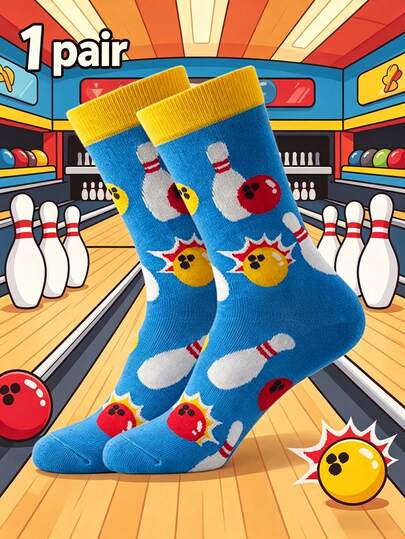 1 Pair Of Men's Bowling Print Crew Socks, Fun Cartoon Bowling Ball & Pin Pattern Socks, Blue & Yellow Novelty Sports Socks For Men, Breathable Casual Mid-Calf Socks, Cool Athletic & Sporty Style Socks, Lightweight Socks Perfect For Spring And Summer, Ideal For Daily Wear, Bowling Games, Sports, Gym, Casual Outings, Great Birthday Gift, Christmas Gift, Holiday Gift, And Unique Bowling Themed Gift For Him