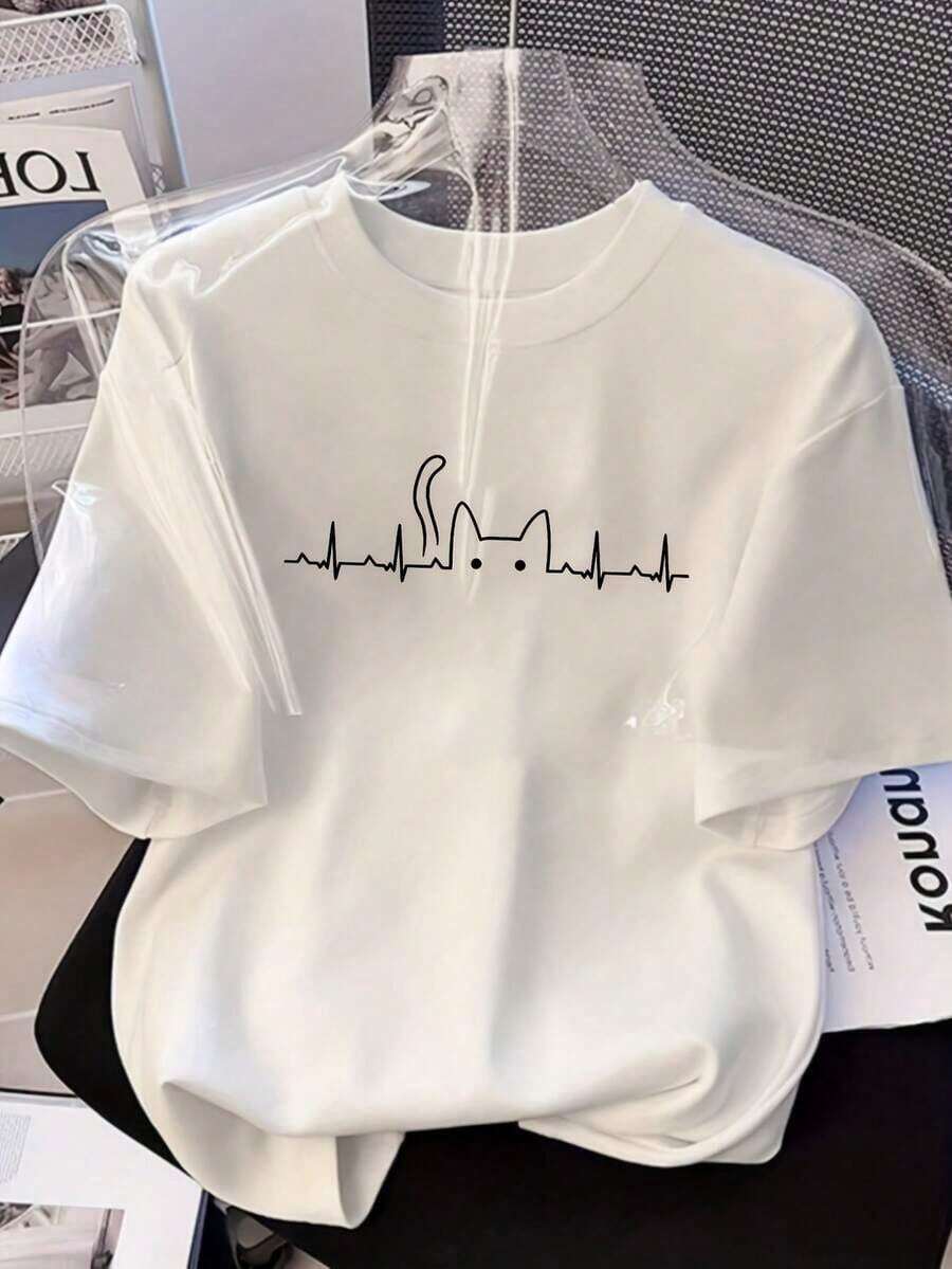 Camiseta de manga corta para mujer, holgada, adelgazante, de algodón puro, con un bonito diseño de estampado de dibujos animados 3333 # - Blanco - Ver 1