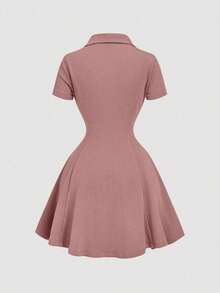 Vestido mini de punto con cuello de volantes en caqui vintage - Estilo preppy, años 70, informal, cómodo, para ir y venir, estética de dinero antiguo, perfecto para atuendos escolares, atuendos de enseñanza y ropa de oficina - Rosa vieja - Ver 2