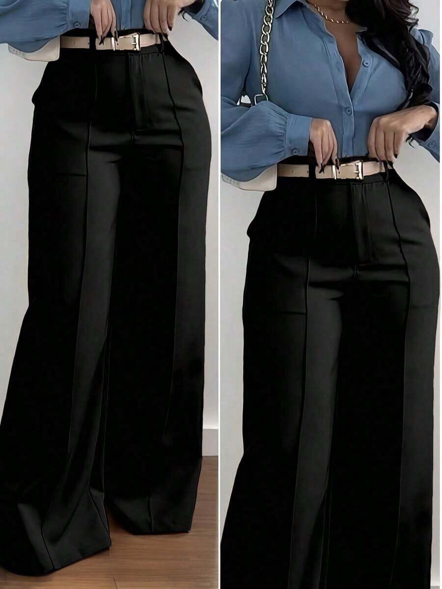 Pantalones de pierna ancha con bolsillo con cremallera Jisfaneya, elegantes, versátiles para la oficina, la escuela y el uso diario, de unicolor sin cinturón, para primavera y verano, en color negro - Negro - Ver 1