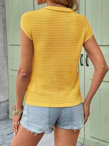 Camiseta de punto de gofre de cuello en V sólido, de manga corta, casual para primavera y verano - Amarillo - Ver 2