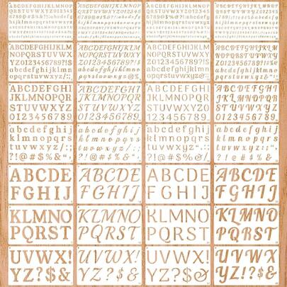 28 件套字母绘画模板，包含 4 种完整字母表、数字和标点符号。每个字母提供 1/3 英寸、1/2 英寸、3/4 英寸、1 英寸和 2 英寸五种尺寸。这些模板将带来无限可能，让您自由创作任何 DIY 艺术作品。模板尺寸：9.8 英寸 x 5.9 英寸