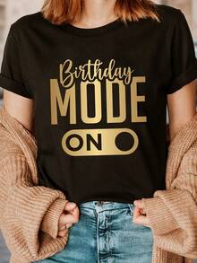Stylish Everyday Top With Birthday Print, Round Neck T-Shirt, Casual Short Sleeve Top, Suitable For Summer And Spring, Women's Clothing, Chic And Fashionable T-Shirt. - 黑色 - 查看 2