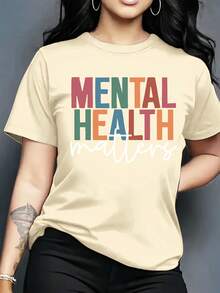 Camiseta estampada con temática de salud mental, top casual de manga corta y cuello redondo, ropa de mujer a para todas las estaciones - Camiseta unisex de algodón suelto de manga corta y cuello redondo estilo vintage urbano. - Albaricoque - Ver 1