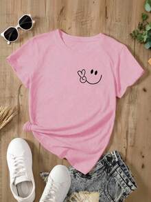 Women's Oversized Red Summer T-Shirt With  Face And Peace Sign Print. Casual Red Short-Sleeved T-Shirt With  Face, Ideal For Cool Summer Looks. - YH463-粉紅色 - 查看 2