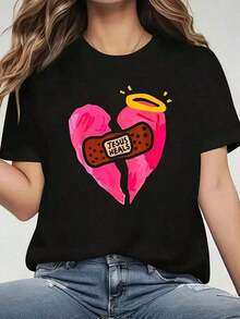 Camiseta Vintage de Fe Cristiana para Mujer - Sanan Corazones Rotos, Te Aman | CorazónConVendaYCrucifijo,EstiloY2K,CuelloRedondo,MangasCortas,RosaYNegro,,IdealParaIglesiaYUsoDiario,LavableAmaquina - Negro - Ver 7