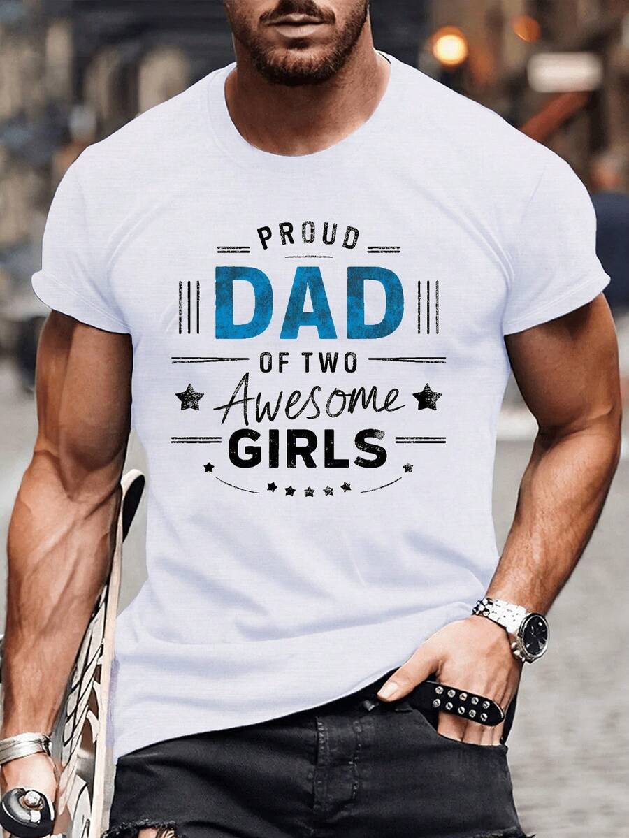 Camiseta casual verano hombre talla grande cuello redondo estampado patrones geométricos Padre Orgulloso de Dos Hijas Geniales corte regular manga corta ropa para adultos nacional envio - Blanco - Ver 1