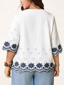 Blusa de verano de talla grande, de unicolor, hueca, bordada, casual, para vacaciones, temporada de bodas, nuevo diseño de playa para mujer - Azul y blanco - Ver 2