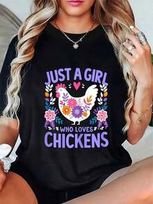 Camiseta de Mujer con Estampado "Only Love Chicken" - Top Casual de Manga Corta con Cuello Redondo, con diseños florales y de pollos, de poliéster ligero para primavera y verano. (Estilo retro, estilo casual, unisex) - Negro - Ver 7