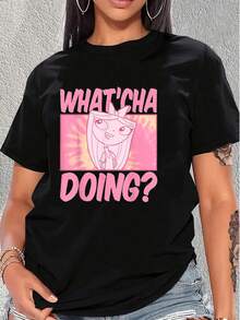 Fun Illustration With A Smiling Cartoon Character And A Positive Phrase That Inspires Curiosity And Youthful Energy. Comfortable Short-Sleeved Women's T-Shirt, Ideal For Everyday Wear And Pairing With Modern Jeans. - 黑色 - 查看 1