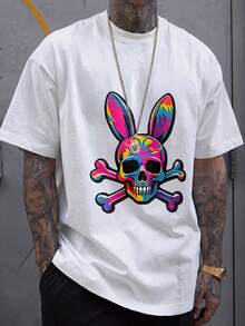 Men's T-Shirt With Skull And Rabbit Ear Design, Round Neck, Casual Style, Suitable For Spring And Autumn, Loose And Comfortable. - White - View 11
