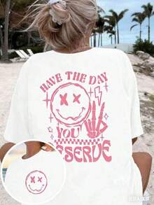 Camiseta gráfica de verano para mujer 'Ten el día que te mereces' - Transpirable, de manga corta y cuello redondo, con diseño de cara feliz y letras, ropa casual de moda para el verano. - Blanco - Ver 6