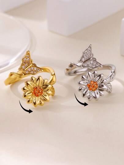 1pc Sweet Butterfly & Sunflower Rotating Ring, 18K Gold Plated Open Band, Interesting Design Jewelry, Daily Wear & Gift