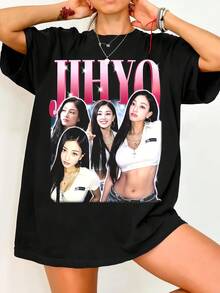 Twic.e Jihyo Rosa Lightning 90-tals Bootleg-t-shirt. Svart bomulls-t-shirt med kort ärm och vintagetryck. - Svart - Visa 1