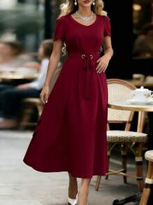 Vestido Elegante para Mujer, Cuello V, Manga Corta con Cinturón, Ideal para Vacaciones y Uso Diario - Burdeos - Ver 4