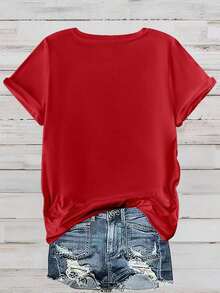 1pscEMERY ROSE Camiseta Casual de Manga Corta con Estampado Floral para Mujer Talla Grande, Camiseta con Cuello Redondo y Diseño Floral para Mujer, Camisetas Gráficas para Mujer, 100% Algodón. - Rojo - Ver 2