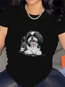 [Sports T-Shirt] Women's Casual Crew Neck T-Shirt With Shih Tzu Dog Print, Medium Stretch Polyester Blend, Knit Fabric, Short Sleeve T-Shirt For All Seasons. Relaxed Fit Plus Size T-Shirt. - 黑色 - 查看 3