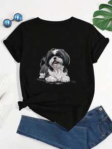 [Sports T-Shirt] Women's Casual Crew Neck T-Shirt With Shih Tzu Dog Print, Medium Stretch Polyester Blend, Knit Fabric, Short Sleeve T-Shirt For All Seasons. Relaxed Fit Plus Size T-Shirt. - 黑色 - 查看 4