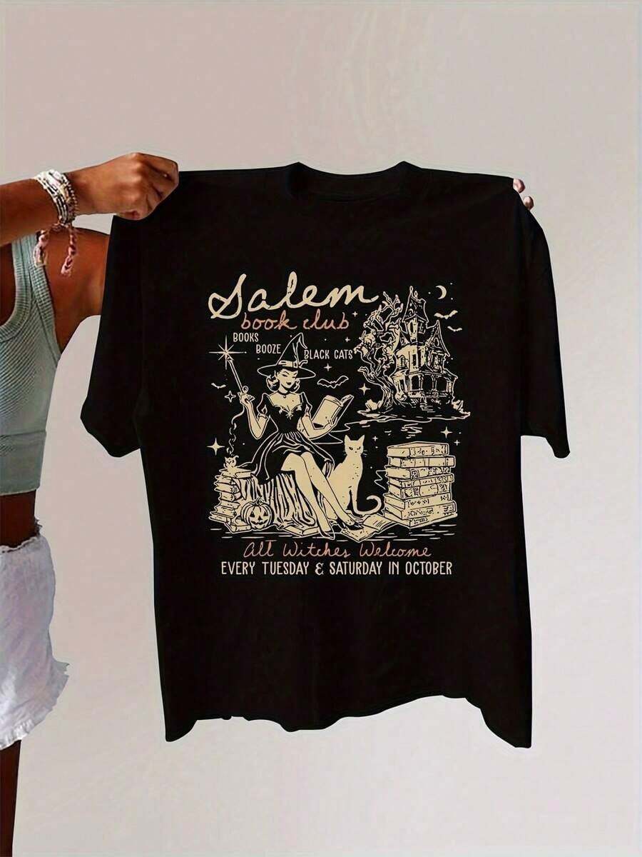 ropa de mujerCamiseta casual de cuello redondo para mujer con estampado de alfabeto, tejido de punto, longitud regular, para todas las estaciones, camiseta gráfica del Salem Book Clubcamisas de mujer - Negro - Ver 1
