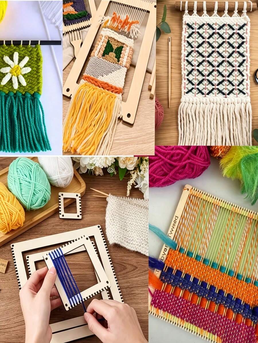 6pcs Square Weaving Loom Set, Small Weaving Loom, Suitable For Beginners, Wooden With Wooden Sticks, Comb, Crochet Hook, Applicable For Handicrafts And Beginner Weaving, Complete Set Suitable For Hand-Held Tapestry Making - Multicolor - View 1
