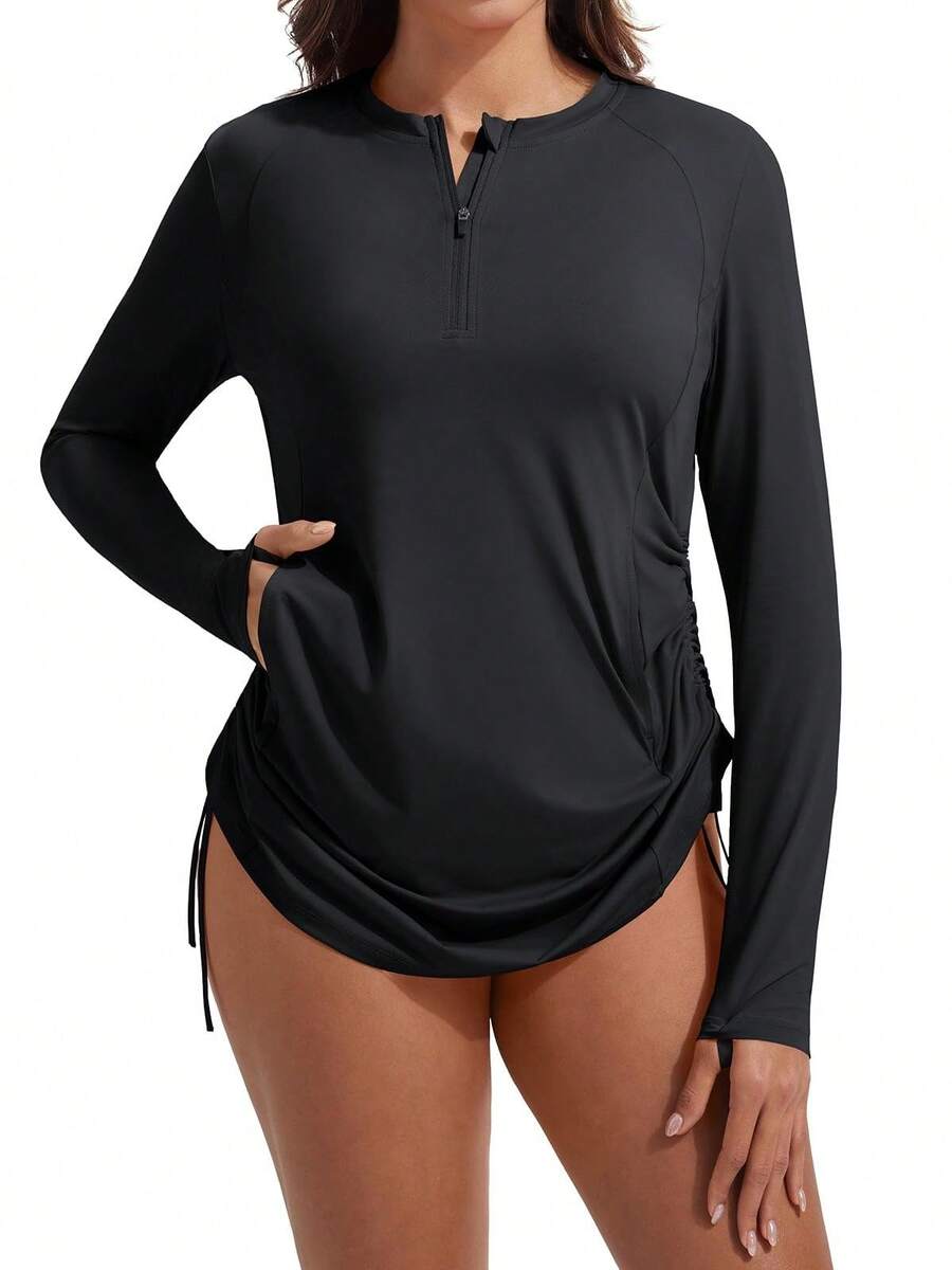 baleaf Rash Guard For Women Long Sleeve Swim Shirt UPF 50+ Swimsuits Top For Women With Kangaroo Pocket - 黑色 - 查看 1