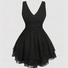 MOD Plus Size Women's Multi-Layered Hem Waist Ruched Black Vintage Dress,Valentine Day - Negro - Ver 2