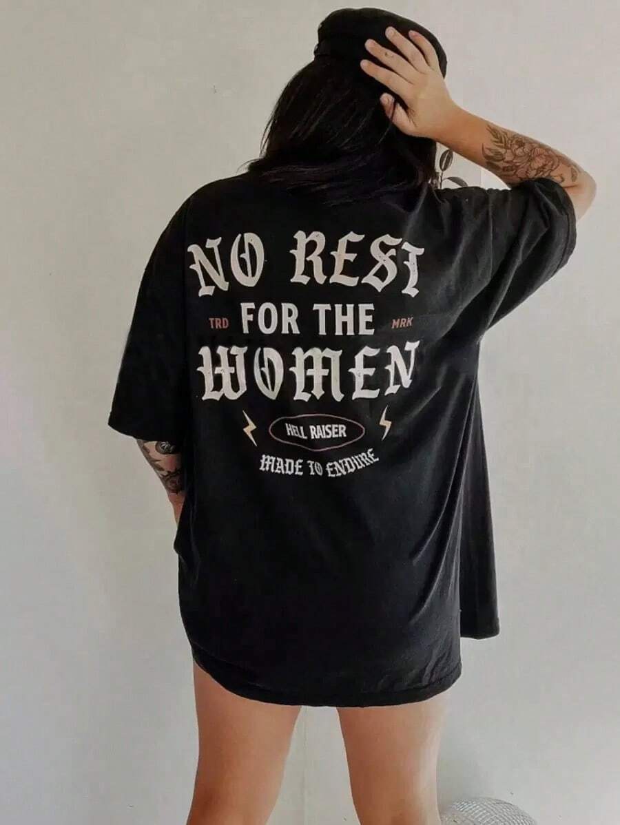 Women "No Rest For The Women" Slogan Print Round Neck Short Sleeve T-Shirt Cuello Redondo Algodón 100% Tejido Suave Manga Corta Transpirable y Fresca - Negro - Ver 1