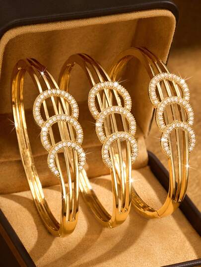 1/2/3 Pcs Fashion Classic Three-Line And Three-Circle Zirconia Inlaid Bracelet Plated 18K Gold, 60mm Diameters Open-Ended Bracelet, Bringing Good Luck And Health, Suitable For Women Daily, Excluding Box