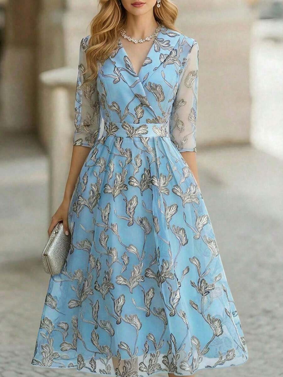 Vestido formal largo con estampado de hojas elegante para mujer, primavera/otoño - Multicolor 7 - Ver 1