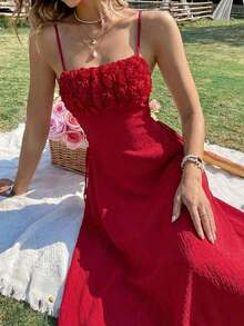 Vestido de tirantes unicolor pecho con fruncido con cordón lateral - Rojo 2 - Ver 2