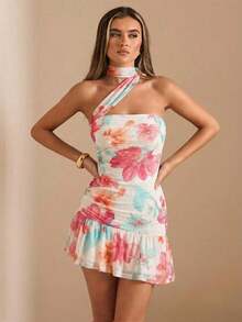 Vestido mini elegante con estampado floral crema y amarillo, con pliegues, asimétrico, sin tirantes y con tirantes anudados, para mujer en otoño/invierno. Vestido de cumpleaños, boda, cóctel, elegante y sexy, romántico, para cita, fiesta nocturn - Albaricoque - Ver 4