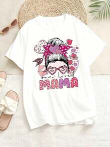 Camia de talla grande para mujer con un encantador diseño de "Mama" con gafas de corazón, lazo y motivos de amor, perfecta para el Día de la Madre o para uso diario.Estilo de cuello redondo, cómoda y versátil, lavable a máquina, adecuada para todas las estaciones.Transpirable y cómoda. - Blanco - Ver 3