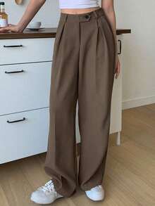 1 pieza Pantalón de vestir de cintura alta con bolsillos en diagonal, atuendo de negocios para mujer - Marrón - Ver 2