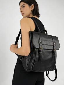 JIANSHANGGUSHI Women's Retro Fashion Backpack, With Multi-Pocket Decor Design, Versatile For Commuting - Black - View 2