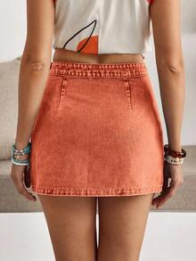 vaquera informal de línea A con abertura y volantes de unicolor para mujer, verano - Naranja - Ver 2